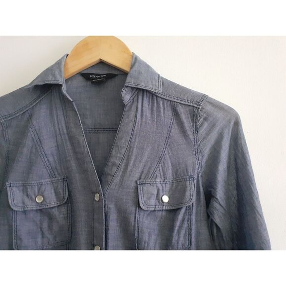 Paper Tee 100% Cotton Light Chambray Drawstring Waist Button TShirt Tunic Dress - Picture 6 of 12